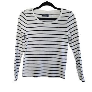 Tommy Hilfiger White And Navy Blue Striped Long Sleeve Top S